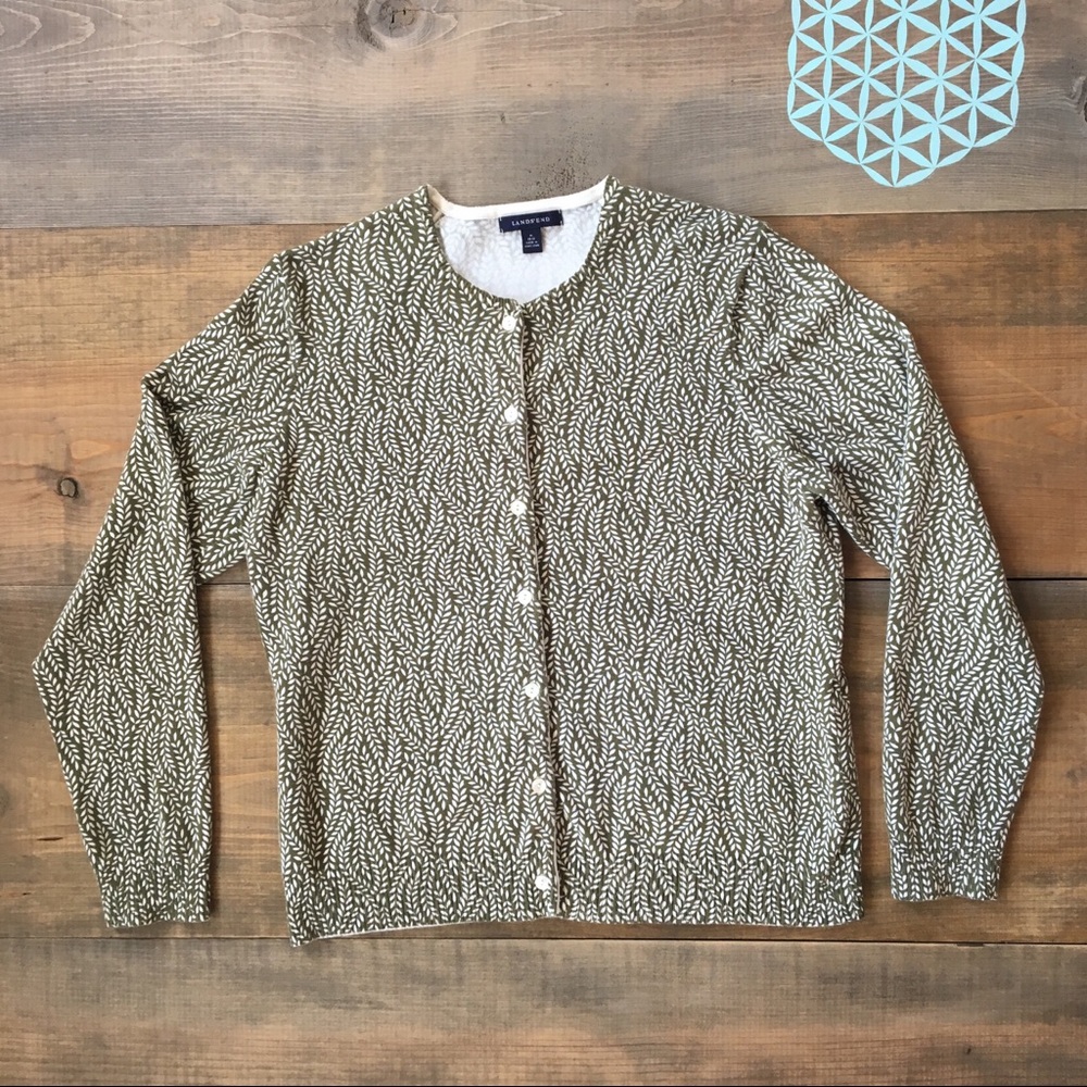 Land's End Green/White Leaf Print Cardigan. size M
